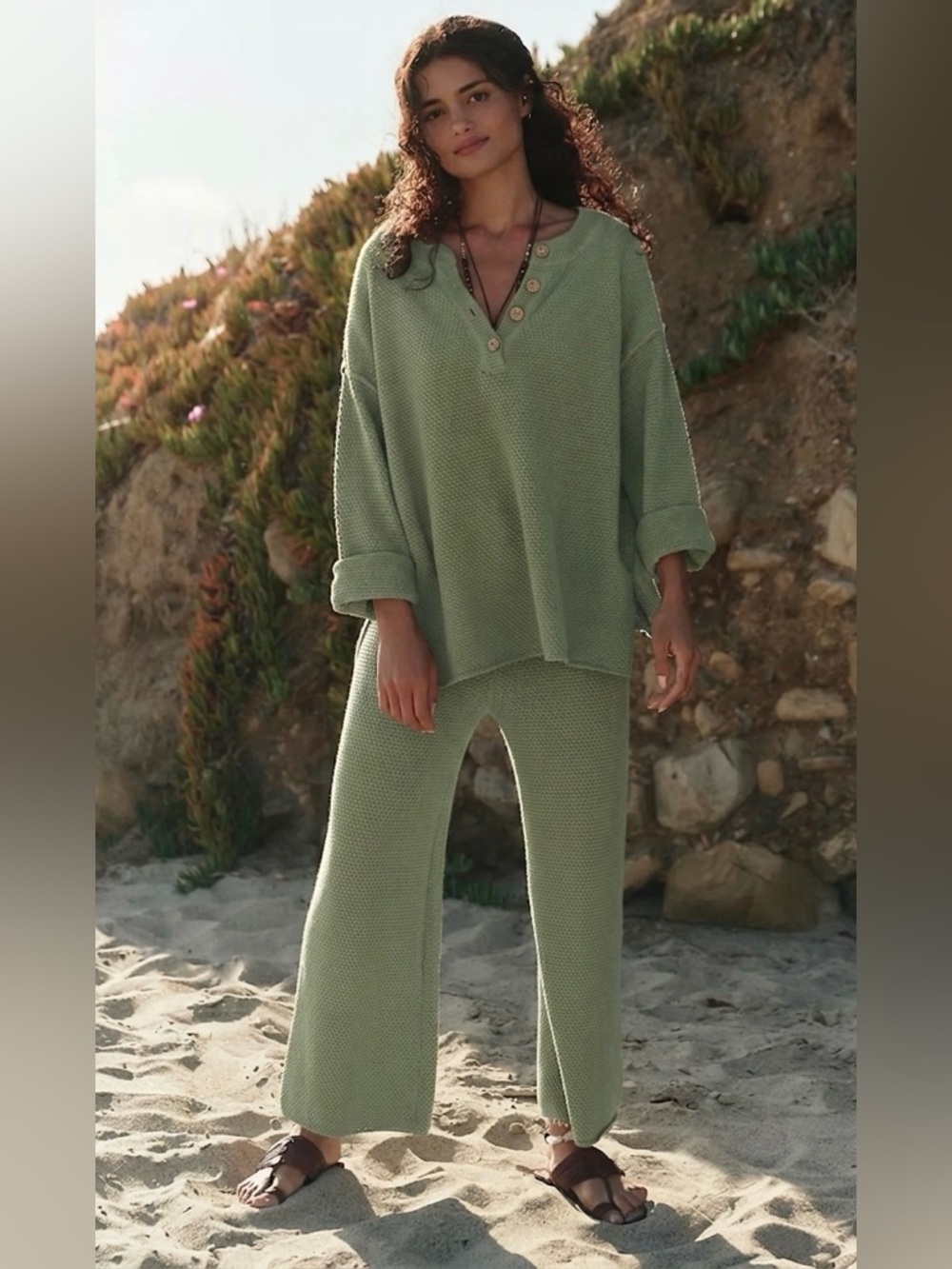 Free People Beach Hailee Wide Leg Waffle Knit Pants | Sage Green